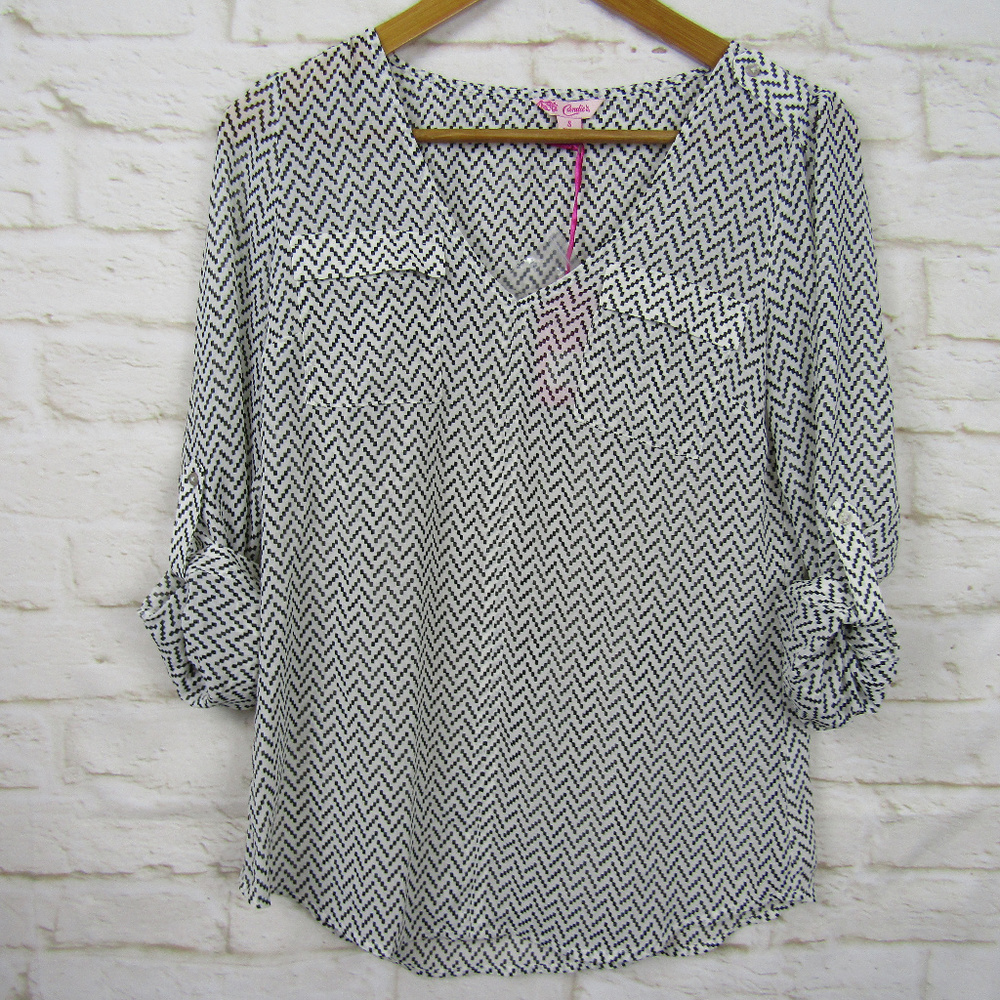 NWT Candies Herringbone Black & White Blouse Small